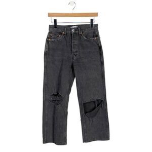 RE/DONE Originals High Rise Wide Leg Distressed Black Wash Cropped Jeans 90's si
